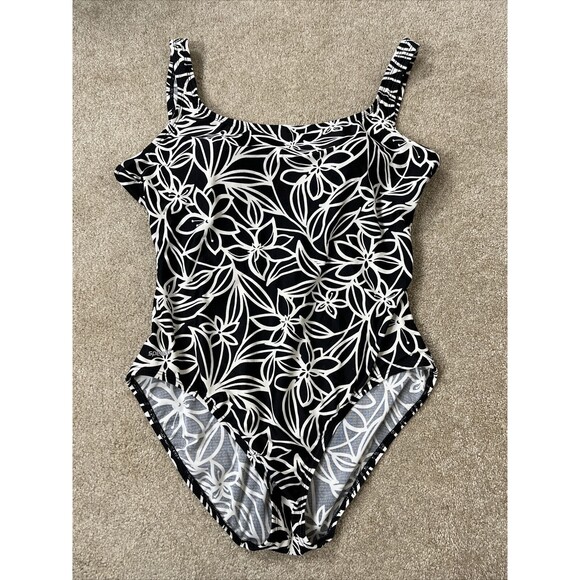 Speedo One Piece Swimsuit Womens Size 18 Black White Floral - Picture 1 of 10